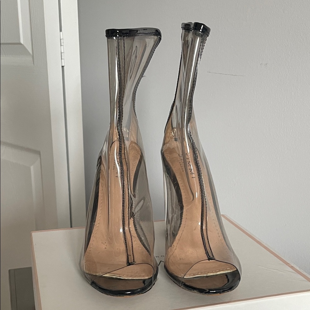 Transparent Peep-Toe Ankle Booties in Smoke